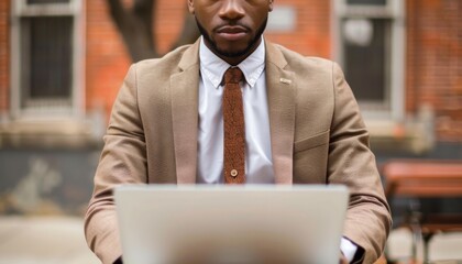 Fototapete - Digital Innovation in Business: A professional using state-of-the-art tech solutions on his laptop, emphasizing effective communication and innovative marketing strategies