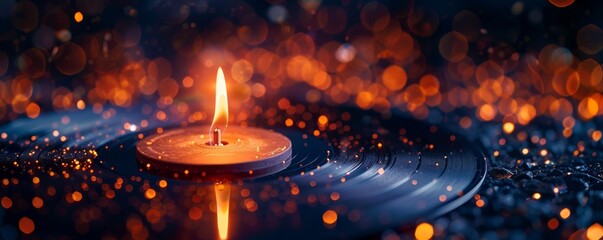 Closeup of the needle on an old vinyl record player, spinning and creating music. Warm orange light with a blurred background of dancing people in a dark night club with a bokeh effect