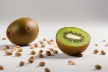 'kiwi isolated white background half tropical vitamin brown closeup dessert diet eat exotic food fruit green juicy natural seed snack'