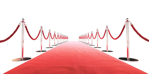 Red carpet with ropes on both sides against an transparent background, png.