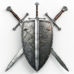 shield with crossed swords, realistic and medieval on a white background
