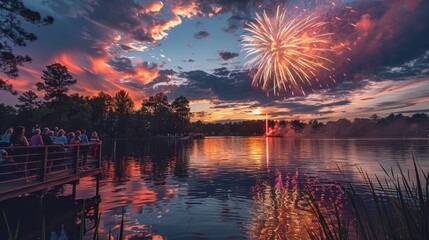 Wall Mural - Spectators on a lakeside dock watching fireworks