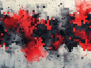 Wall Mural - Abstract black, white, gray, and red texture with pixels and grunge.