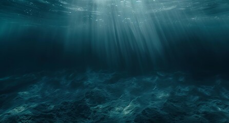 Underwater view of the ocean floor, with sunlight filtering through the water surface, creating an ethereal and mysterious atmosphere. 