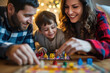 © KirKam - Warm and cozy family game night with parents and child engaged in a board game, enjoying quality time and laughter.