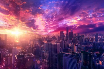 A futuristic city skyline with skyscrapers reaching towards a vibrant purple sky at dusk, Generative AI 