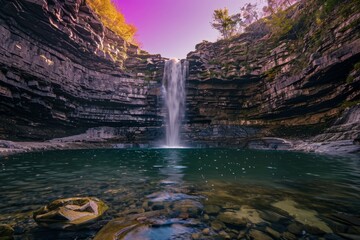 Wall Mural - A magical waterfall cascading into a crystal-clear pool, with a purple sky above creating a surreal atmosphere, Generative AI