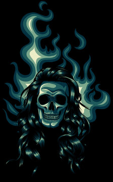 Skull on Fire with Flames on black background Vector Illustration