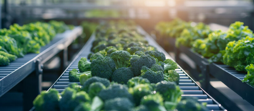 fresh Broccoli on modern conveyor in industry vegetables plant
