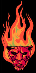 Sticker - vector illustration of head tiger with flames on black background