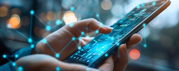 close - up of hands holding smartphone with digital interface and virtual buttons