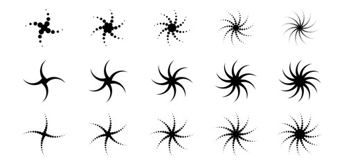 Poster - Different twist and swirl element set. Black dotted twirl and rotating lines collection. Circular radial dashed revolving whirlwind symbols bundle for graphic design. Vector