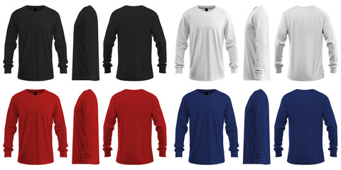Set of man white, black, red, blue front, back and side view round neck long sleeve tee shirt t-shirt on transparent background cutout, PNG file. Mockup template for artwork graphic design