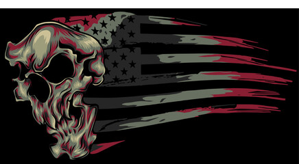 Canvas Print - vector illustration american flag with skull on black background