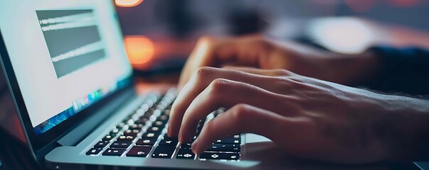 close - up of hands typing on laptop keyboard with internet browser, featuring a black keyboard and a blurry white hand in the foreground