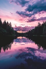 Wall Mural - A quiet lake reflecting the hues of a stunning purple sunset, surrounded by dense forest, Generative AI