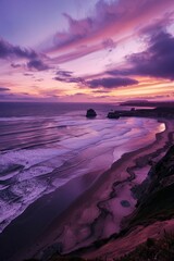 Wall Mural - A serene beach at sunset with a purple sky casting a magical glow over the coastline, Generative AI