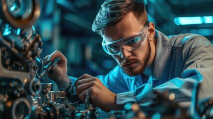 An engineer, wearing safety glasses, is operating a machine in a factory with a bright smile on his face. AIG41