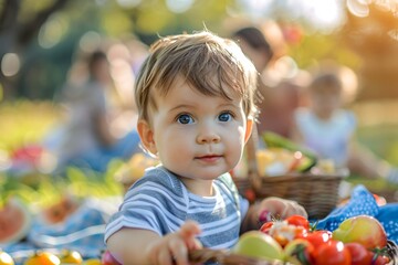 A baby is seated on a blanket in a park next to a basket filled with various fruits