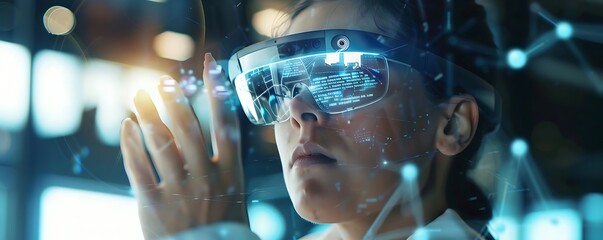 woman using smart glasses with digital display and virtual buttons