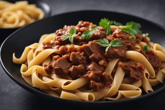 'pasta fettuccine beef ragout sauce black bowl grey background close top view spaghetti stew macaroni pappardelle bolognese gravy italian food cookery lunch closeup cooking eatery meal tomatoes dish'