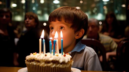 Little boy looks on birthday cake making wish. His eyes mirror the warmth of the birthday candles.