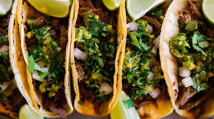 Wall Mural - authentic mexican tacos with guacamole and salsa served on a white plate, accompanied by sliced lemons