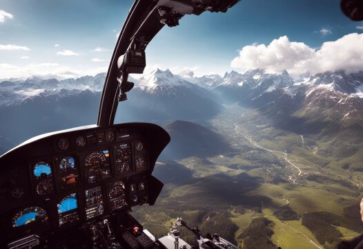 'cockpit helicopter mountain sky flying cloudy cabin landscape arm pilot driving alps aerial spectacular view chain cloud board'