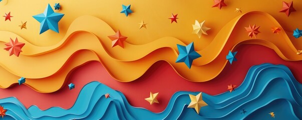 A colorful background with a wavy pattern and star shapes in various bright colors.