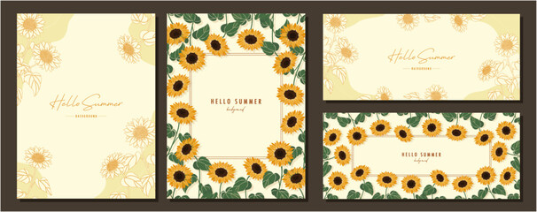 Wall Mural - ひまわり ヒマワリ 夏 sunflower 素材セット フレーム 背景 ベクターイラスト シンプル おしゃれ