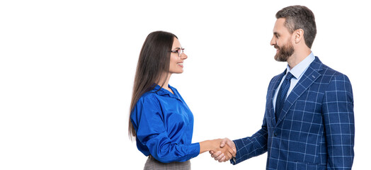 Wall Mural - successful business partnership. two successful businesspeople partner celebrating business success with handshake. partnership and business success. businesspeople isolated on white. Ethical dealing