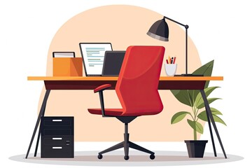 Wall Mural - Office Desk with laptop and lamp and chair flat Vector Illustration