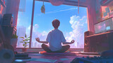 Fototapeta  - anime boy uses musicians to meditate in his room