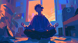 Fototapeta  - anime boy uses musicians to meditate in his room