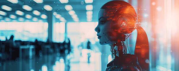 Poster - A blurred depiction of a business robot AI meeting unfolds against the backdrop of a minimalist color background, with a modern office building visible in the distance. This visually striking image