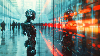 Poster - against the backdrop of a contemporary office building, a blurred image portrays a business robot ai