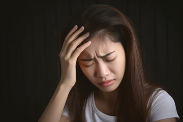 close up of asian woman having headache or migraine problem