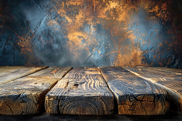 Wall Mural - Empty wooden table with dark smoky background for product display. Created with Ai