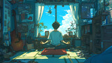 Fototapeta  - anime boy uses musicians to meditate in his room