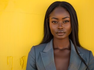 Wall Mural - Beautiful African American woman with long straight hair wearing an elegant grey suit, facing the camera against a solid yellow background.