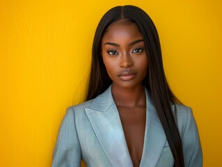 Wall Mural - Beautiful African American woman with long straight hair wearing an elegant grey suit, facing the camera against a solid yellow background.