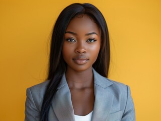 Wall Mural - Beautiful African American woman with long straight hair wearing an elegant grey suit, facing the camera against a solid yellow background.