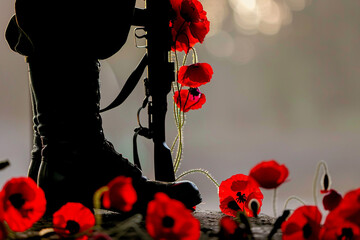 Wall Mural - rifle and boots silhouette with red poppies for a striking memorial day tribute.