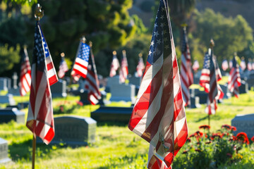 Wall Mural - memorial day at los angeles cemetery showcases a vivid display of american pride with rows of flags.