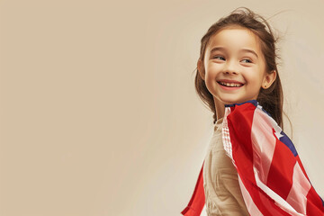 Wall Mural - memorial day celebration: joyful girl holding an american flag against an ivory background.