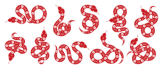 Wall Mural - Chinese New Year snake design vector set. Element zodiac sign year of the snake with cherry blossom flower pattern on snake red color. Illustration design of background, card, sticker, calendar.