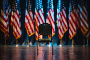 Wall Mural - poignant memorial day setup: small empty chair faces a stage of american flags.
