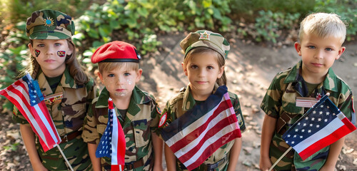 Wall Mural - bird's-eye view of four kids in military uniforms holding flags in a park, celebrating memorial day.