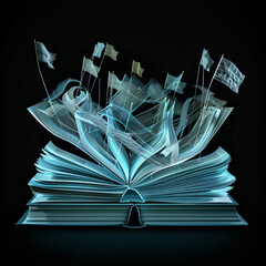 Wall Mural - virtual book opening in 3d, revealing pages transforming into softly waving flags.