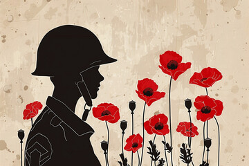 Wall Mural - minimalist soldier's helmet silhouette surrounded by red poppies, perfect for memorial day posters.